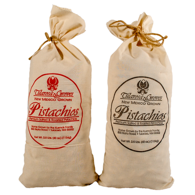 Two 2.5 Pound Cloth Sacks of Tularosa Groves Pistachios, One Salted and One Red Chile