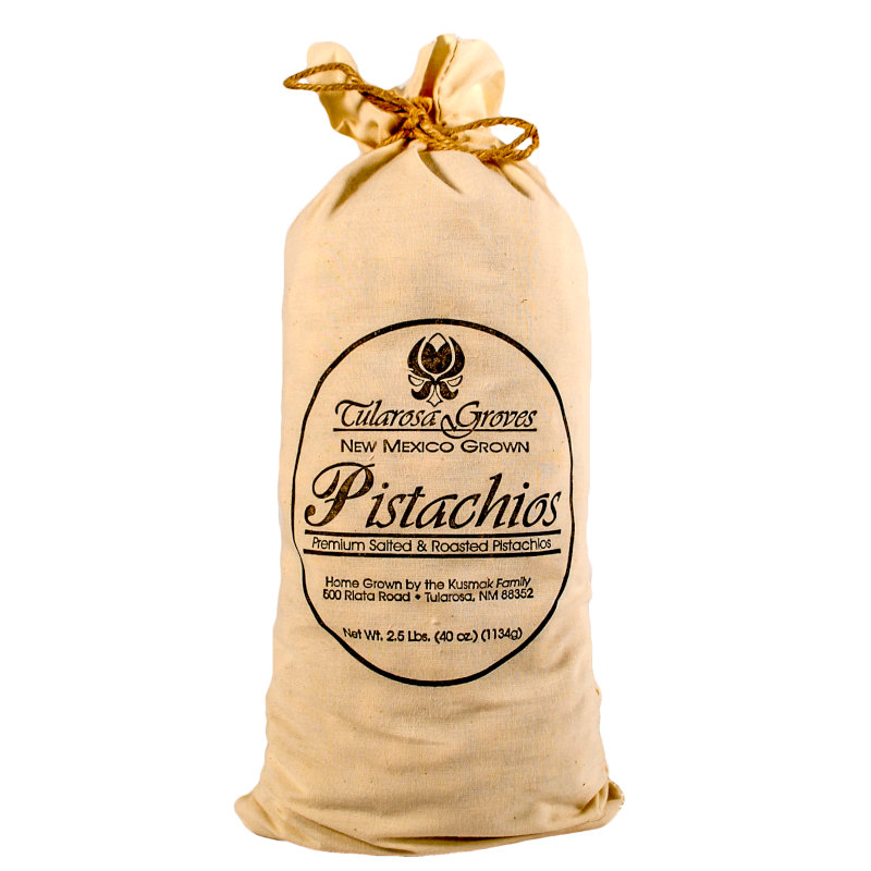One 2.5 Pound Cloth Sack of Tularosa Groves Pistachios, Red Chile Flavored
